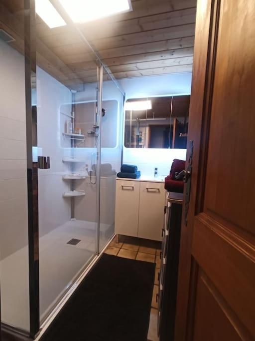 La salle de bains, avec sa cabine de douche, son plan vasque et son rangement bas