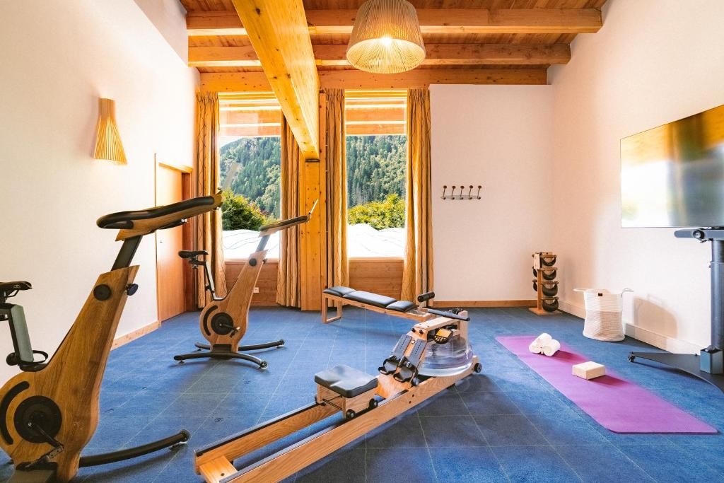 La salle de sport, ses machines et ses tapis, devant une fenêtre ouverte sur les sapins