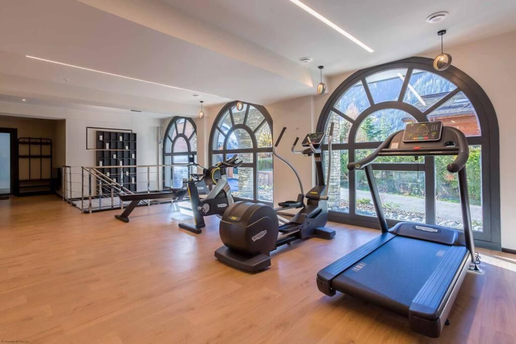 La salle de sport commune, avec tapis de course, vélos et poids, devant les baies vitrées