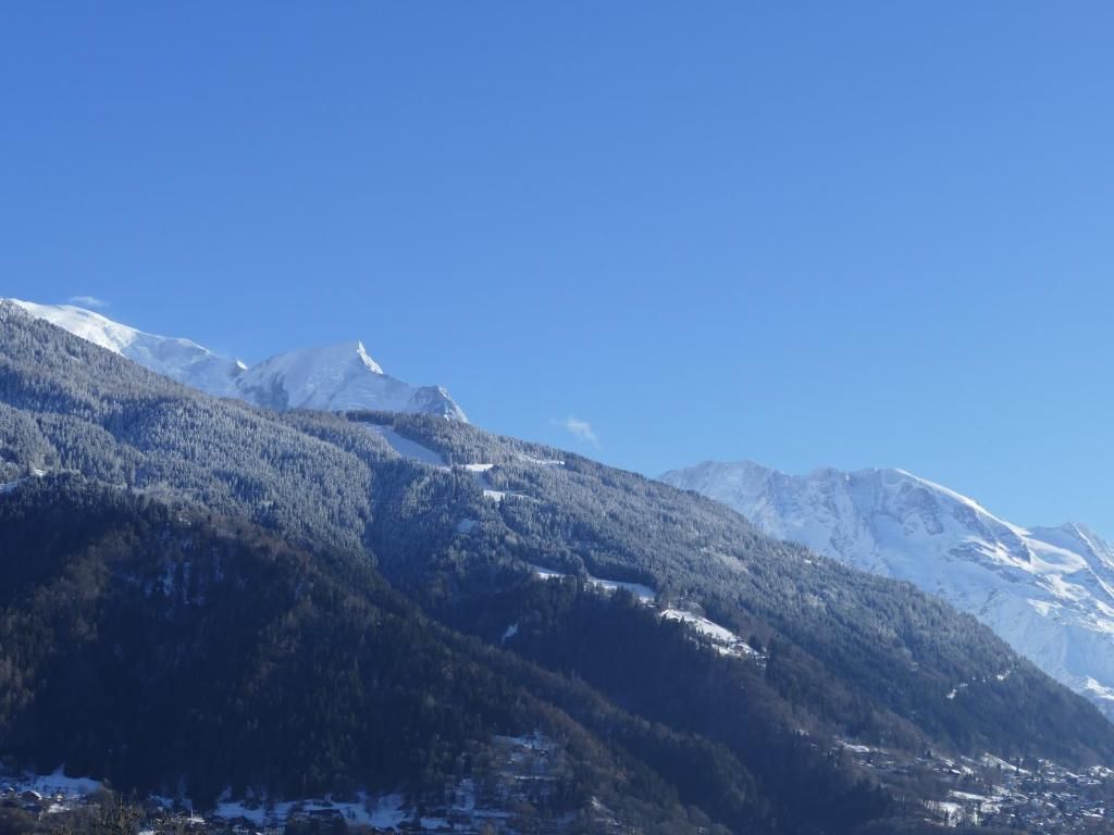 La chaîne enneigée vue depuis la propriété, au-dessus du versant boisé et des toits du hameau