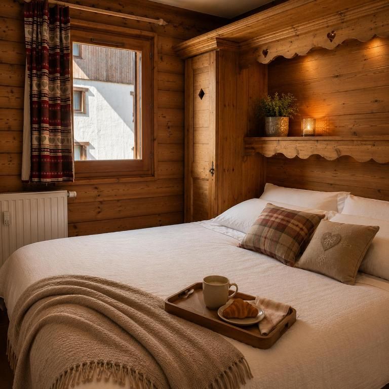 La chambre principale, son grand lit, sa tête de lit de bois et sa fenêtre sur le jardin