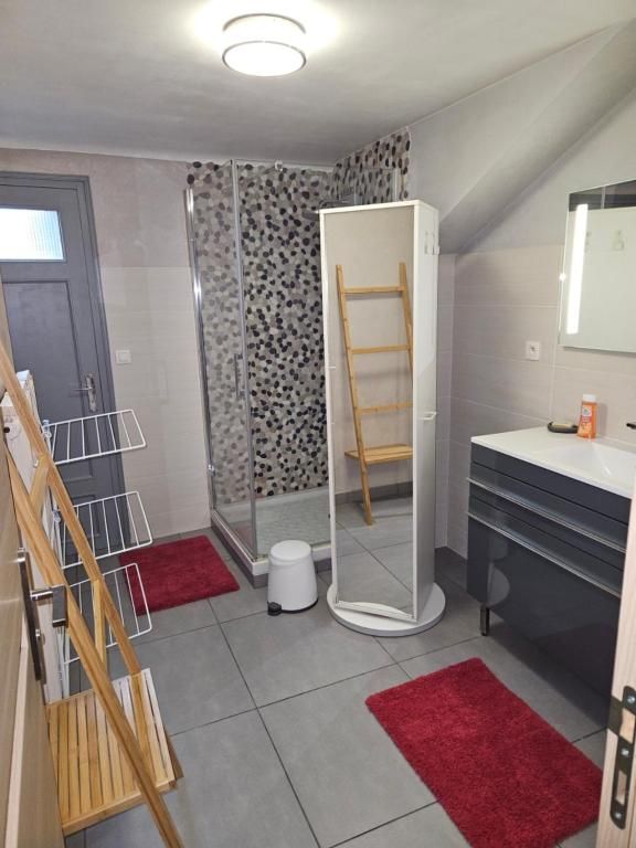 La salle de bains, avec sa douche à mosaïque de galets, son plan vasque sombre et son sèche-serviettes