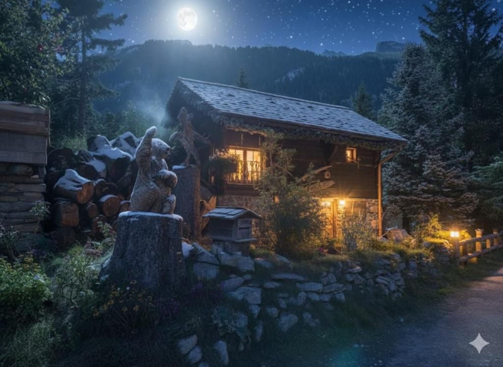 Un chalet de vieux bois éclairé de l’intérieur à la nuit tombée, au milieu des rochers et des sapins