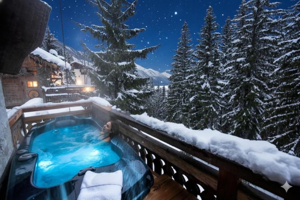 Un bain à remous allumé sur une terrasse enneigée, entouré de sapins chargés de neige